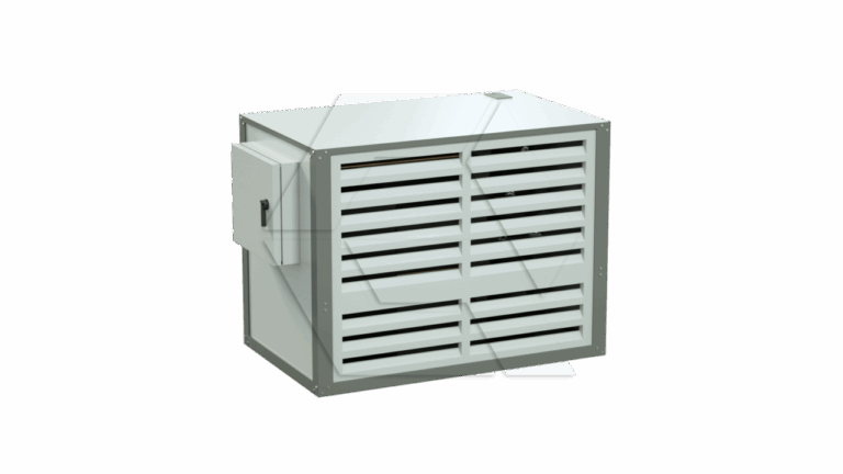 A rectangular metal ventilation unit with horizontal slats on the front and a small attached control box on the left side, set against a plain white background.