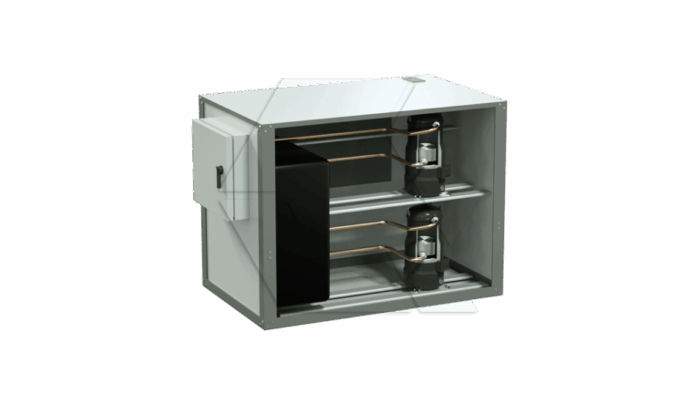 A rectangular metallic industrial unit with an open side revealing two cylindrical components mounted horizontally, copper pipes, and a control box attached to the left exterior.