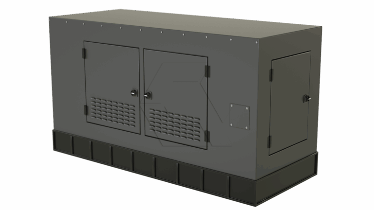 A large, rectangular, industrial generator with a dark gray metal exterior, ventilation panels, and multiple hinged doors for access, set against a plain white background.