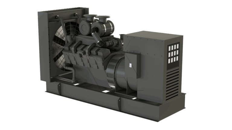 A 3D-rendered image of a large industrial diesel generator with a black metal casing, cooling fan, exhaust system, and control panel, displayed on a plain white background.