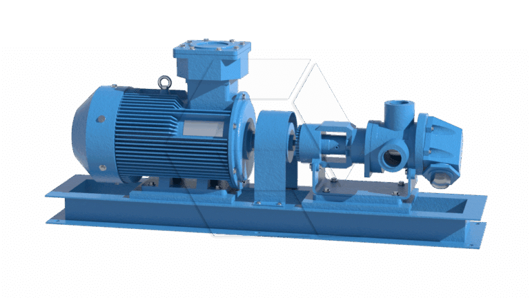 A blue industrial centrifugal pump mounted on a metal base, showing the electric motor on the left connected to the pump housing and pipes on the right against a plain background.