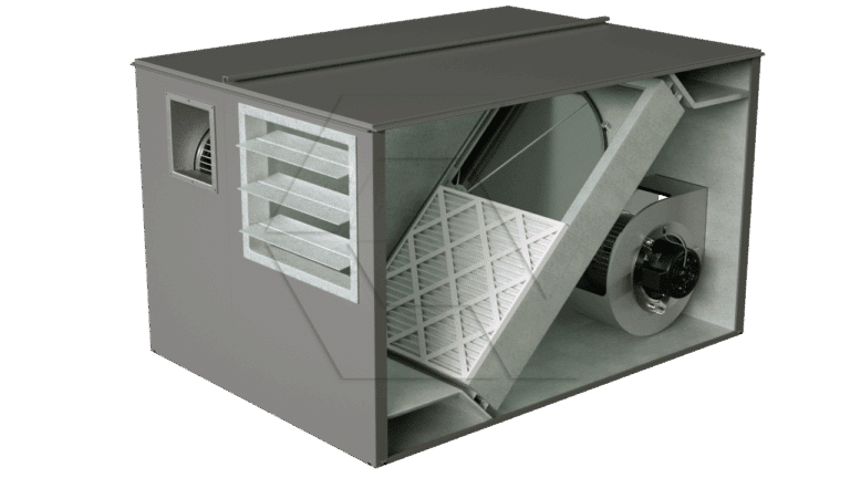 A large metal HVAC unit with one side open, showing internal components including a filter, fan, and vents. The unit is gray and rectangular, designed for air handling and filtration.