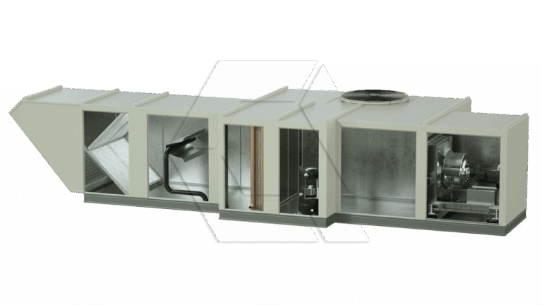 A cutaway view of an industrial HVAC air handling unit showing internal components like filters, a fan, heating or cooling coils, ducts, and a motor inside a rectangular metal casing.
