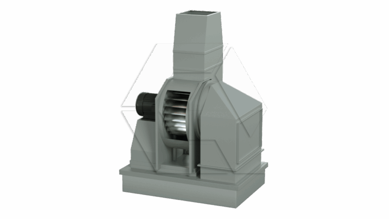 A 3D rendering of an industrial ventilation fan with a protective housing, visible fan blades, and a rectangular duct on top, all in a light gray color.
