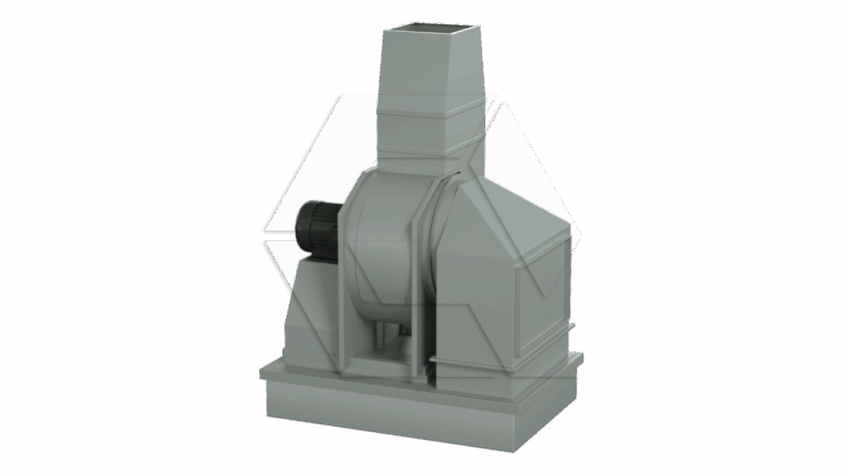 A 3D-rendered industrial ventilation fan unit with a rectangular base, angular housing, visible motor, and vertical duct on top, all in grey tones, set against a plain white background.