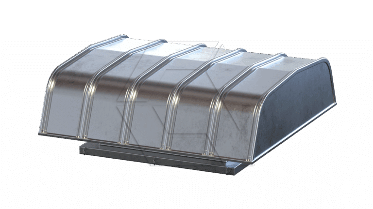 A metallic, rectangular ventilation hood with curved, ribbed surfaces and a flat base, shown isolated on a white background.