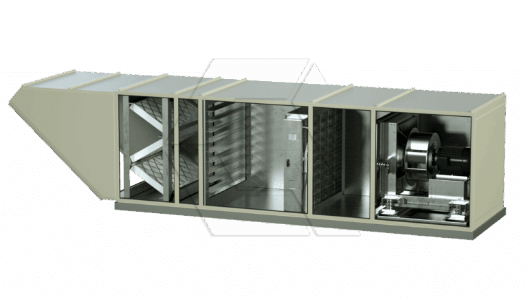 A cutaway view of a large industrial HVAC air handling unit, showing internal components including air filters, heat exchanger coils, and a fan assembly, all housed within a rectangular metal casing.