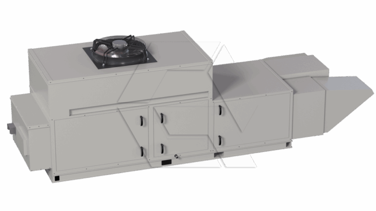 A large industrial HVAC unit with a fan on top, rectangular metal panels, vents, and access doors, designed for heating, ventilation, and air conditioning in commercial buildings.