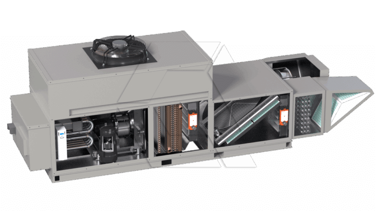 A cutaway view of a large commercial HVAC unit, showing internal components like coils, fans, filters, electrical parts, and ducts arranged in a rectangular metal housing.