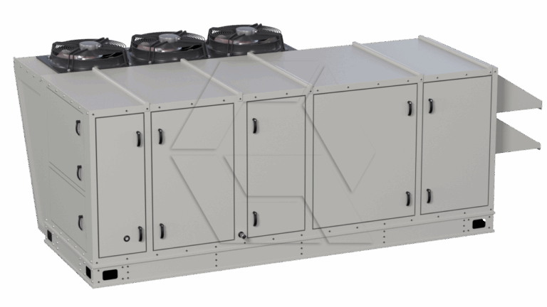A large, rectangular industrial HVAC unit with multiple access panels and three visible fan units on top, designed for commercial heating, ventilation, and air conditioning.