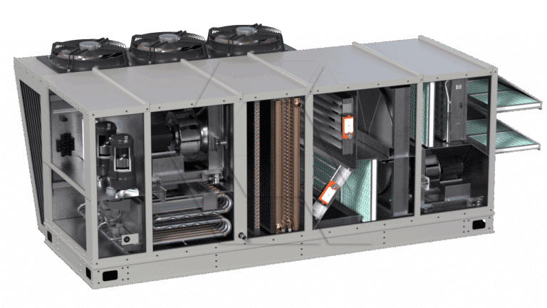 A large industrial HVAC rooftop unit with a cutaway view showing internal components like fans, coils, filters, and compressors against a plain white background.
