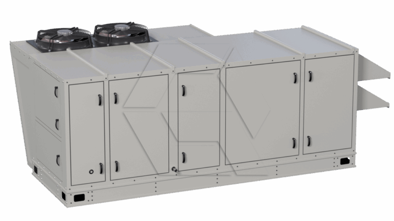 A large, rectangular industrial HVAC unit with multiple access panels and two large fans on the top, designed for heating, ventilation, and air conditioning applications.