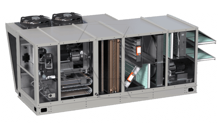 A large, industrial HVAC unit is shown with part of its exterior panels removed, revealing internal components such as fans, coils, filters, compressors, and ductwork on a white background.