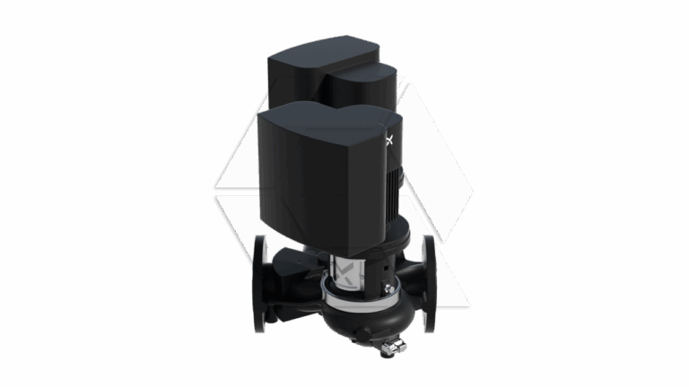 A black industrial valve with a large actuator mounted on top, flanged ends, and a compact, modern design against a plain white background.