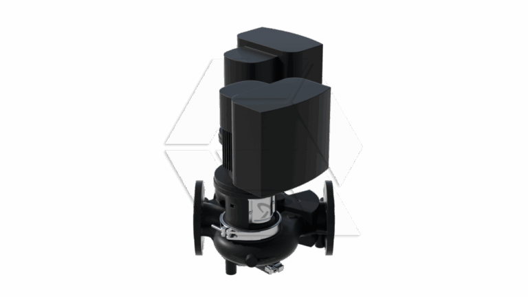 A black industrial valve with two large, rectangular actuators mounted on top, flanged pipe connections at the base, and a shiny clamp attachment, shown against a plain white background.