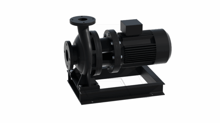 A black industrial centrifugal pump with an electric motor mounted on a metal base, viewed from a slight angle against a plain white background.