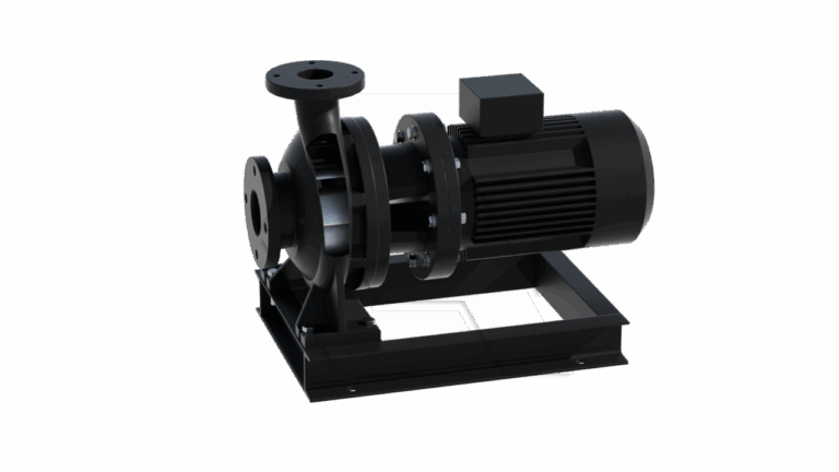 A black industrial centrifugal pump with a motor, mounted on a metal base, shown on a plain white background. The pump features a circular inlet and outlet flanges and ribbed housing for cooling.