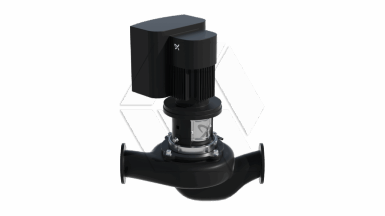 A black industrial water pump with a cylindrical motor on top and two horizontal pipe connections at the base, displayed on a plain white background.