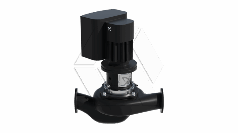 A black industrial centrifugal pump with a large electric motor mounted on top, flanged inlet and outlet pipes, and a visible metallic joint section, set against a plain white background.