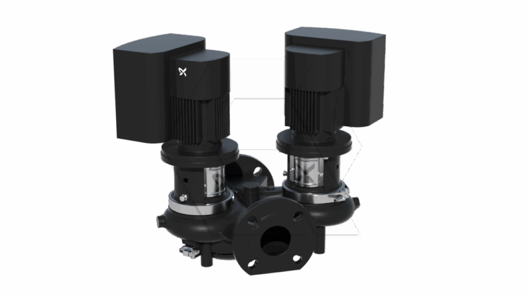 A 3D rendering of a dual-head industrial pump with two black motors mounted vertically on a central base, featuring flanges and connection points on a white background.