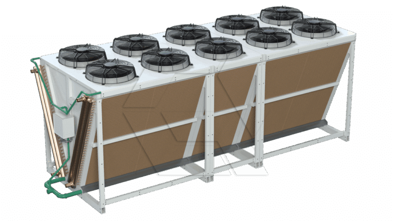 A large industrial cooling unit with ten black fans on top, angled brown panels on the sides, and green and copper pipes connected to the left end, set against a plain white background.
