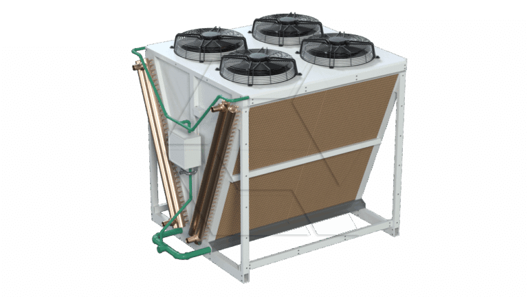 A large industrial cooling unit with four black fans on top, copper pipes, and angled panels on the sides, supported by a white metal frame.