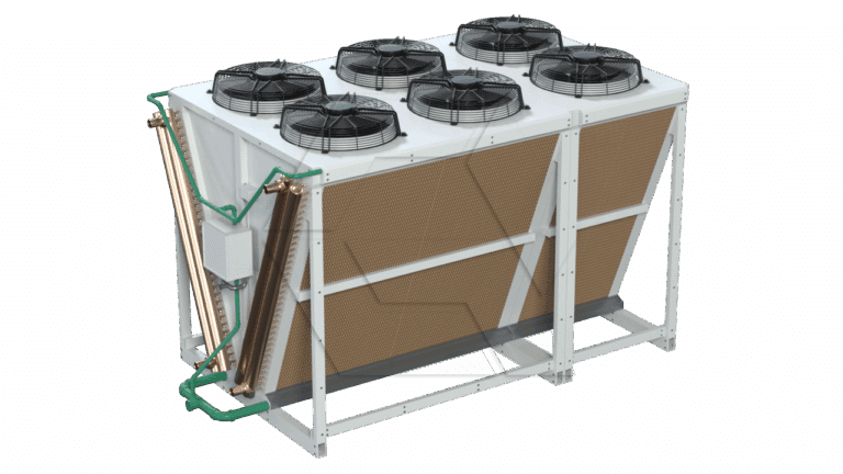 A large industrial cooling unit with six black fans on top, copper piping on the side, and a metal frame with angled brown panels, isolated on a white background.
