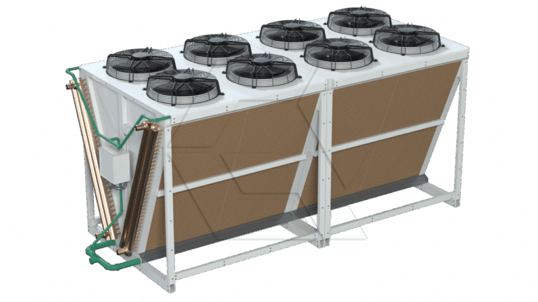 A large industrial air cooler with eight black fans on top, metal frame, angled brown cooling pads on the sides, and green pipes connected along the edges.