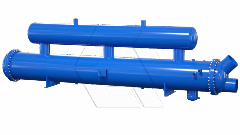 A 3D rendering of a blue industrial shell and tube heat exchanger with two large cylindrical sections, flanges at both ends, support brackets, and multiple connecting pipes and nozzles.