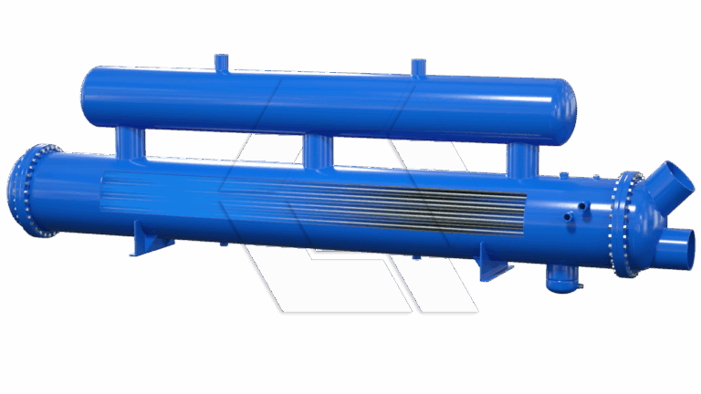 Blue industrial shell and tube heat exchanger with cylindrical horizontal tanks and multiple connection ports, displayed against a plain white background.