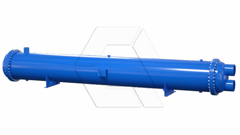 A 3D-rendered blue shell and tube heat exchanger with flanged ends and support brackets, viewed on a plain white background.