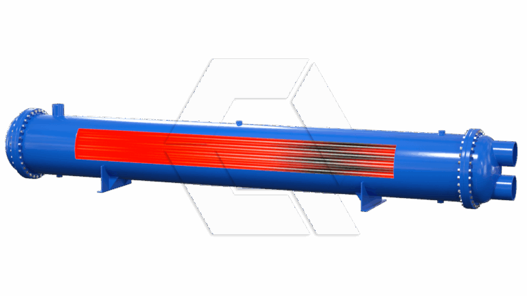 A 3D-rendered blue shell-and-tube heat exchanger with cutaway showing interior tubes, mounted on two supports, set against a white background.