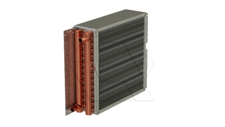 A rectangular metal heat exchanger with copper pipes and a finned coil, used for heating or cooling air in HVAC systems. The background is plain white.