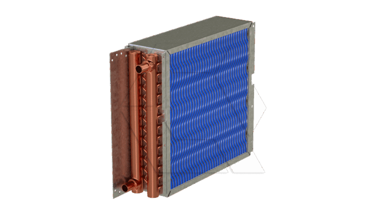 Rectangular HVAC heat exchanger unit with a blue wavy-patterned fin surface and copper tubing on the side, set against a plain white background.