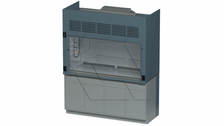 A gray laboratory fume hood with a transparent front panel, upper ventilation slats, internal fixtures, and storage cabinets at the bottom, designed for safely handling hazardous substances.