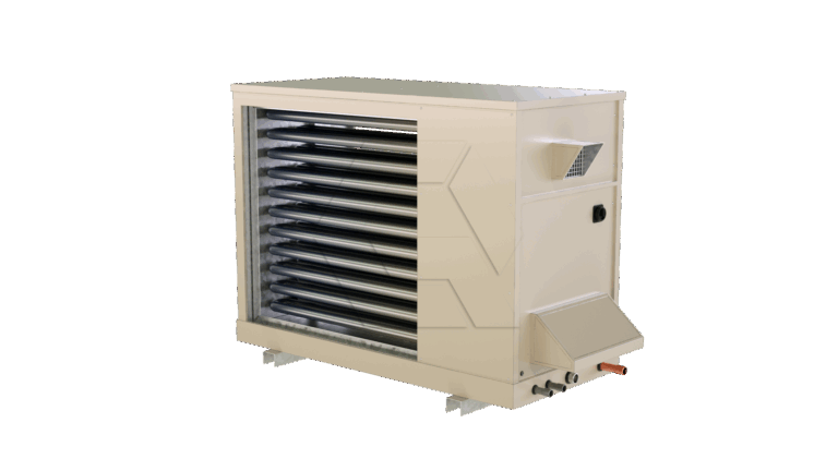 A beige industrial heater or air handling unit with horizontal black slats, side vents, and pipes at the base, standing on four support legs against a plain white background.