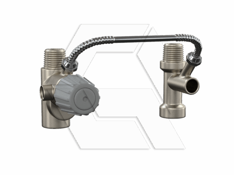 A metal plumbing valve assembly with a gray adjustment knob, two threaded pipe connections, and a flexible braided hose connecting the two main parts.