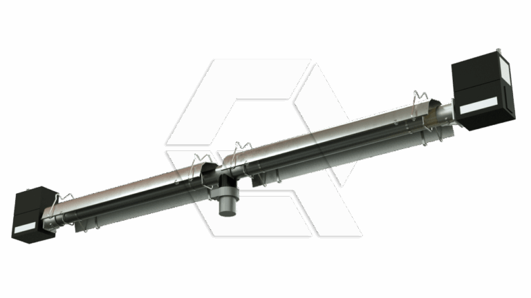A long, cylindrical industrial tube with two black rectangular components on each end and a smaller central attachment, displayed against a plain white background.