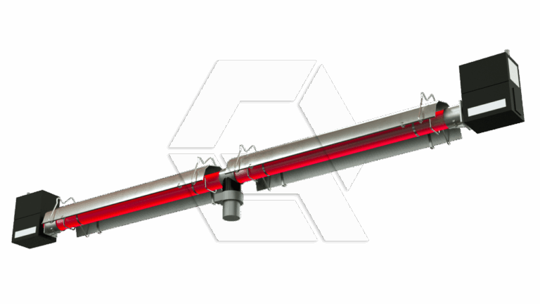 A horizontal industrial infrared heater with two black control units at each end, a central support, and glowing red heating elements inside a metal tube.