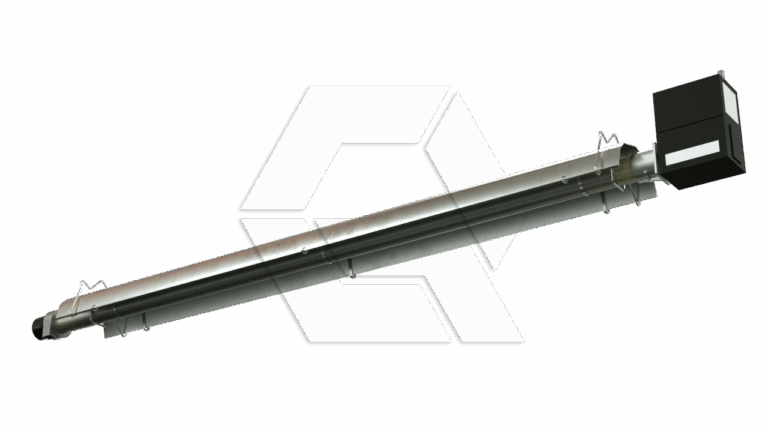 A long, cylindrical metal screw conveyor with a rectangular motor housing at one end, used for transporting bulk materials. The background is plain white with a faint geometric logo.