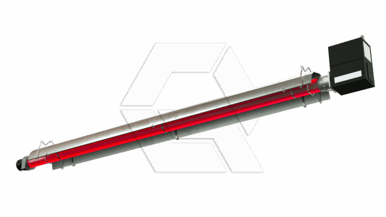 A long, metallic infrared tube heater with a black control box at one end and a glowing red heating element running along its length, isolated on a white background.