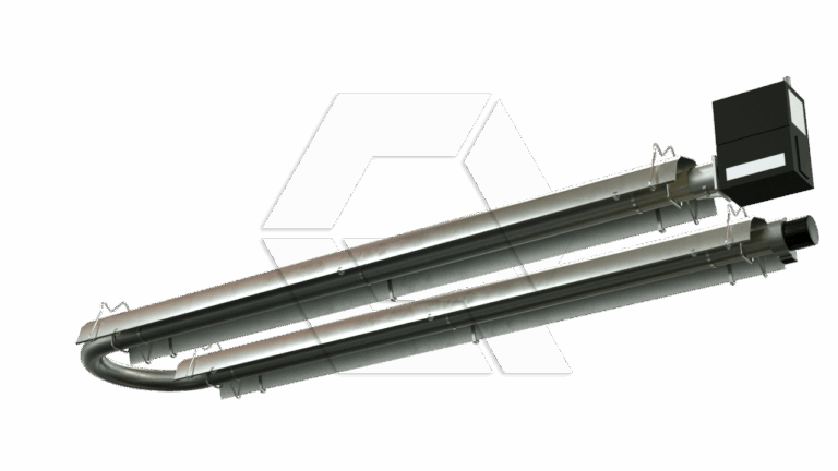 A metal U-shaped tubular heater with mounting brackets and a black control box attached to one end, displayed on a plain white background.
