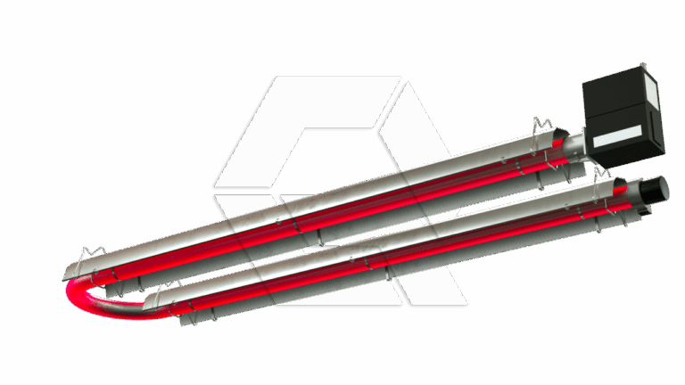 A digital rendering of a metallic tube system with a glowing red interior, connected to a black rectangular unit at one end; the tubes are arranged in a winding, horizontal layout on a white background.