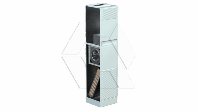 A tall, rectangular metal HVAC duct with an open side shows internal components, including a fan unit, a filter, and ventilation panels against a plain white background.