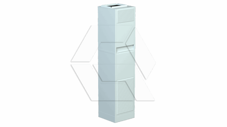 A tall, rectangular white air conditioning or ventilation unit with vented panels on the top, middle, and bottom sections, standing upright against a plain background.