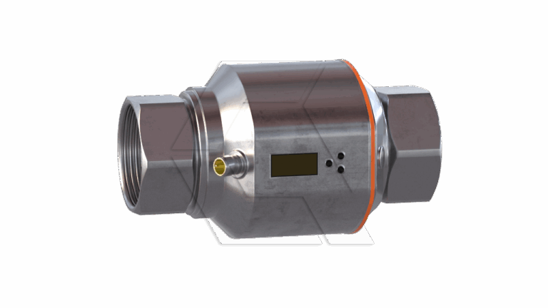 A metallic industrial sensor or valve with threaded ends, a small display screen, and a yellow connector, set against a plain white background.