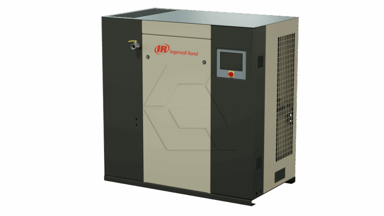 A large, industrial Ingersoll Rand air compressor with a beige and black exterior, a digital control panel, ventilation grilles, and the red Ingersoll Rand logo on the front.