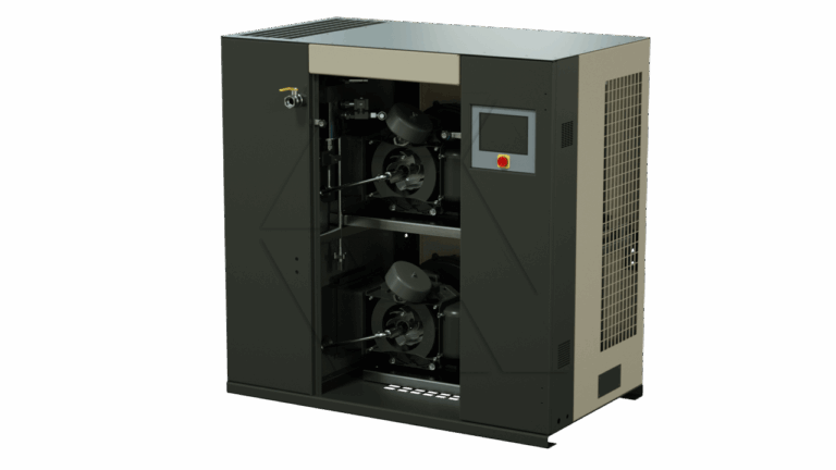 A large industrial machine with a metal casing, two visible cylindrical components inside, a small display screen, control buttons, and ventilation grilles on the side, set against a plain background.