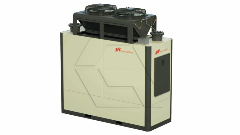 A large industrial chiller unit with dual fans on top and the Ingersoll Rand logo on the front, featuring a beige and dark gray exterior and pipe connections on the side.