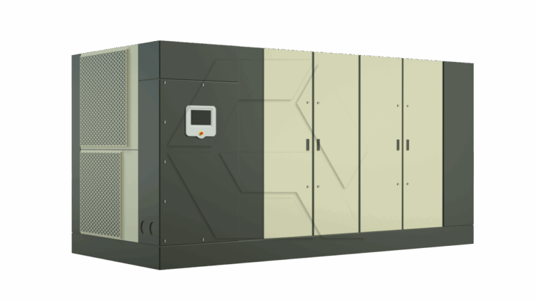 A large industrial machine with a dark frame and light-colored panel doors, featuring a small digital control screen and ventilation grilles on the left side, set against a plain white background.
